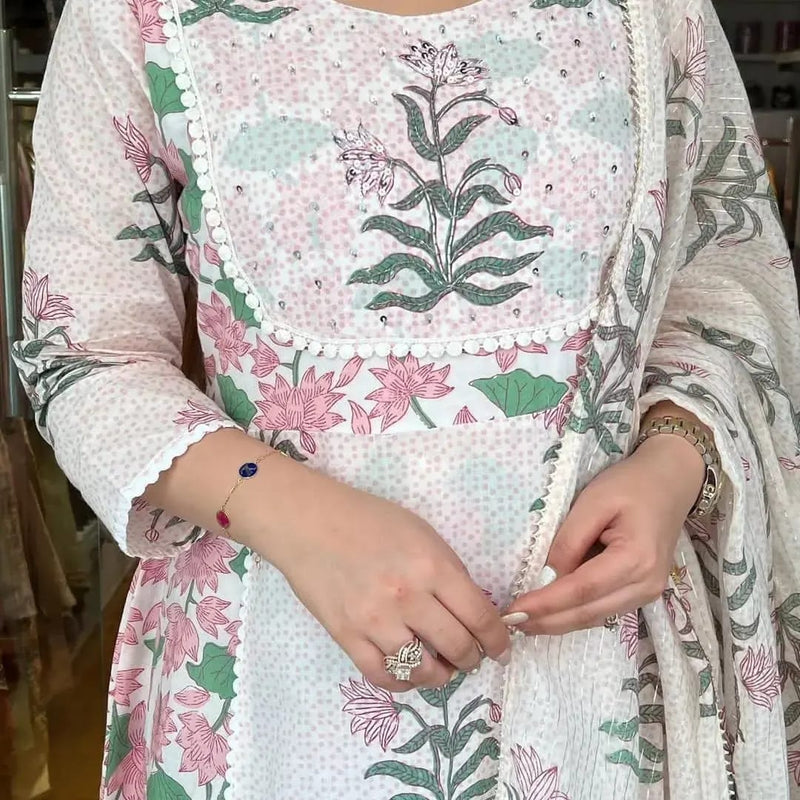 Handblock Printed Anarkali Kurta Pant with Dupatta