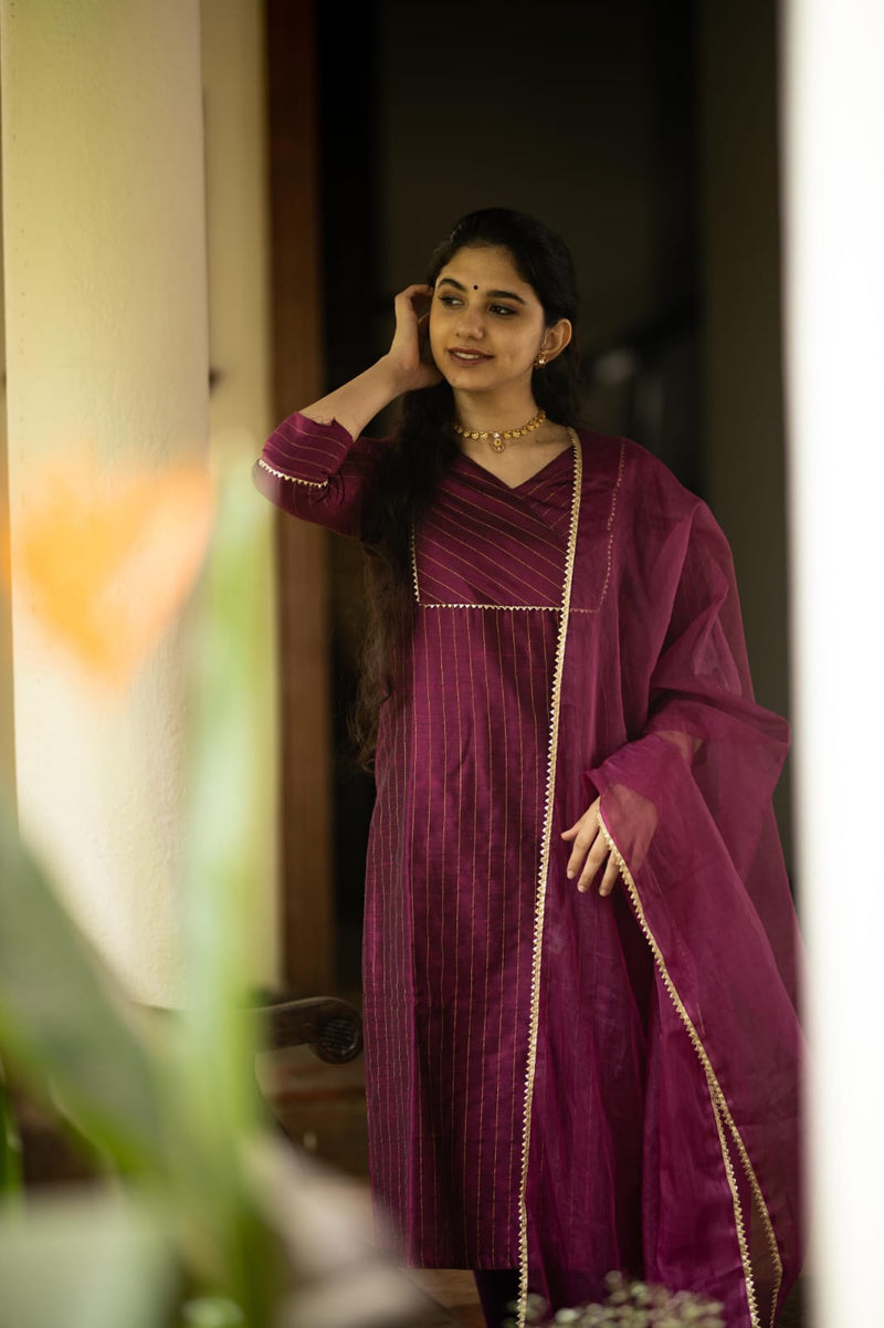 WINE COLOR COTTON KURTA PANT WITH DUPATTA