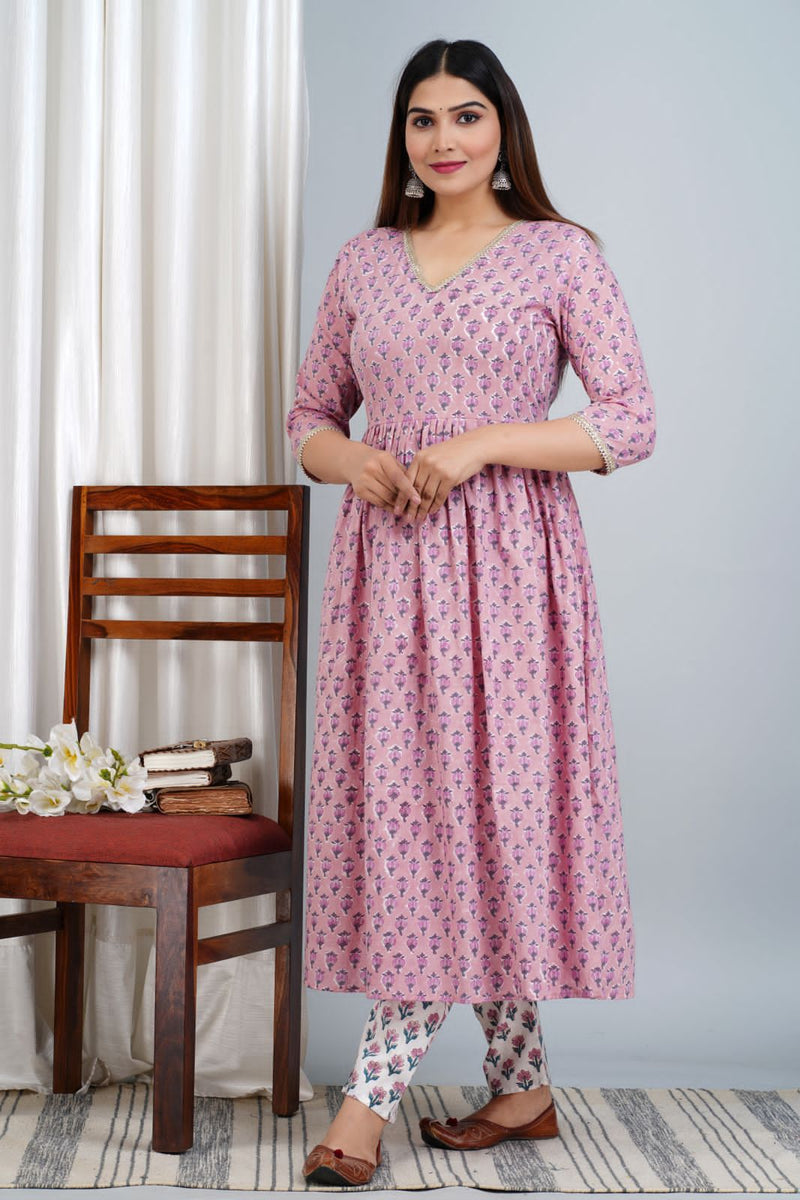 Beautiful Pink Jaipuri Hand Block Printed Flair Suit