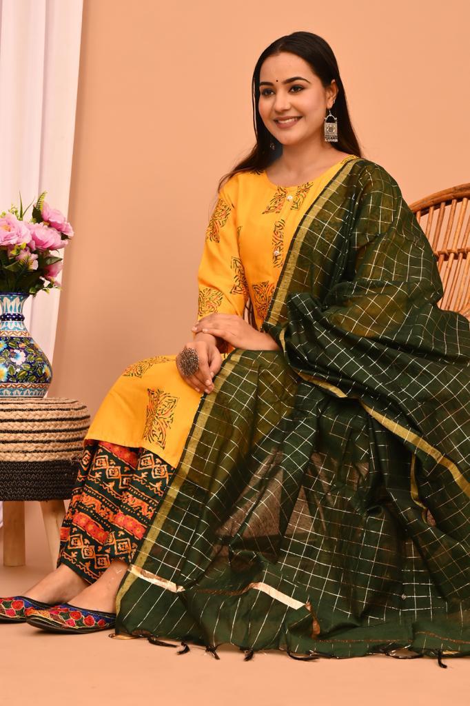 Beautiful Yellow Kurti Plazo With Chanderi Dupatta