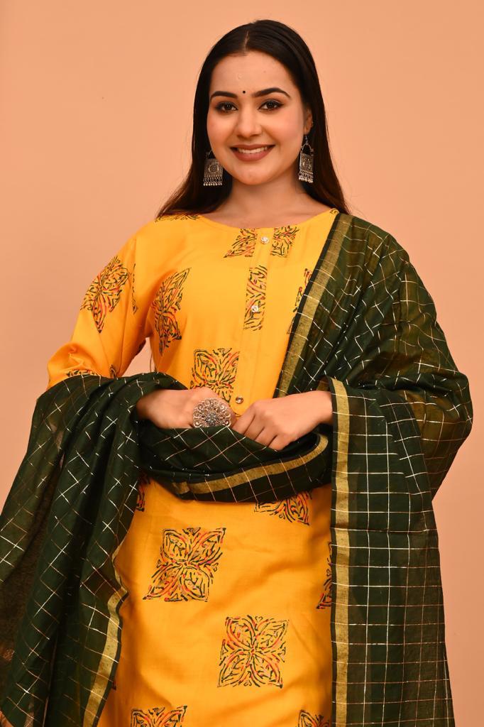 Beautiful Yellow Kurti Plazo With Chanderi Dupatta