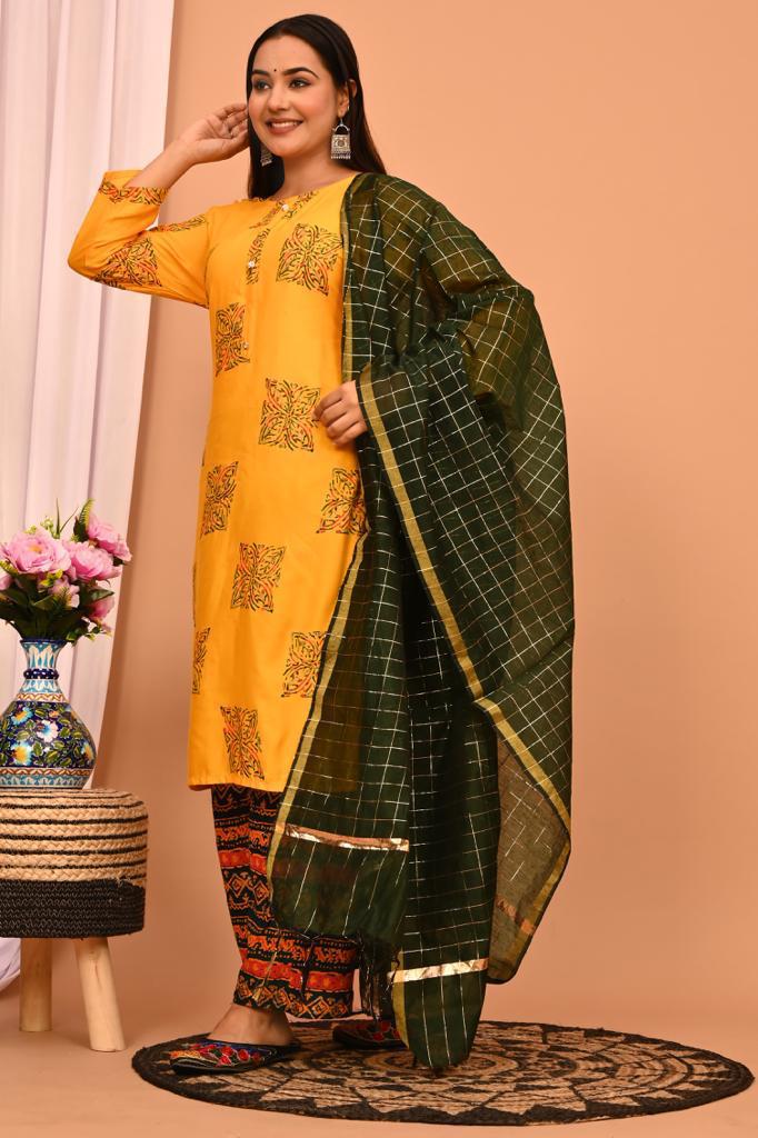 Beautiful Yellow Kurti Plazo With Chanderi Dupatta