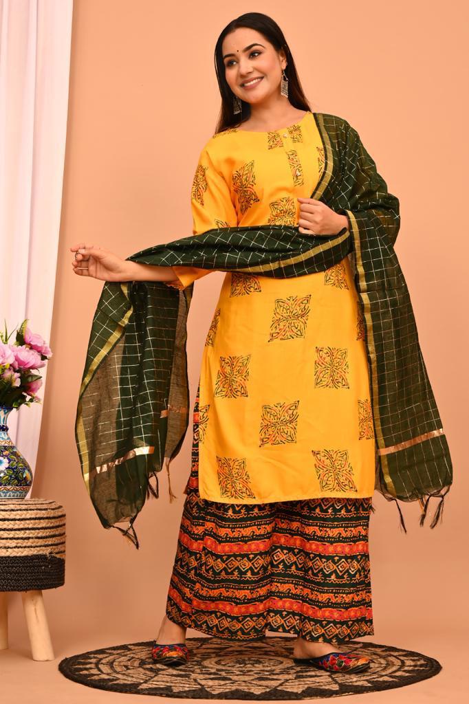 Beautiful Yellow Kurti Plazo With Chanderi Dupatta