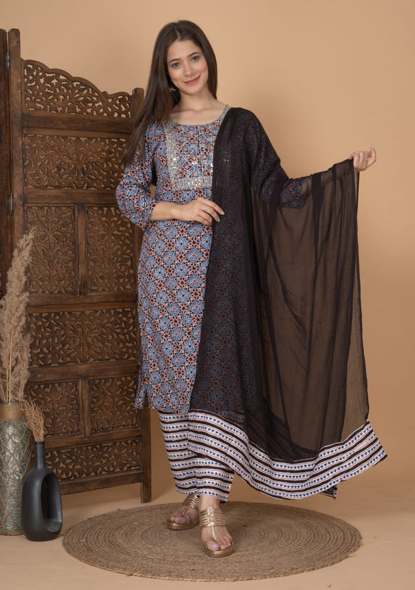 Printed Embroidery neckline Kurti With Pant & Dupatta