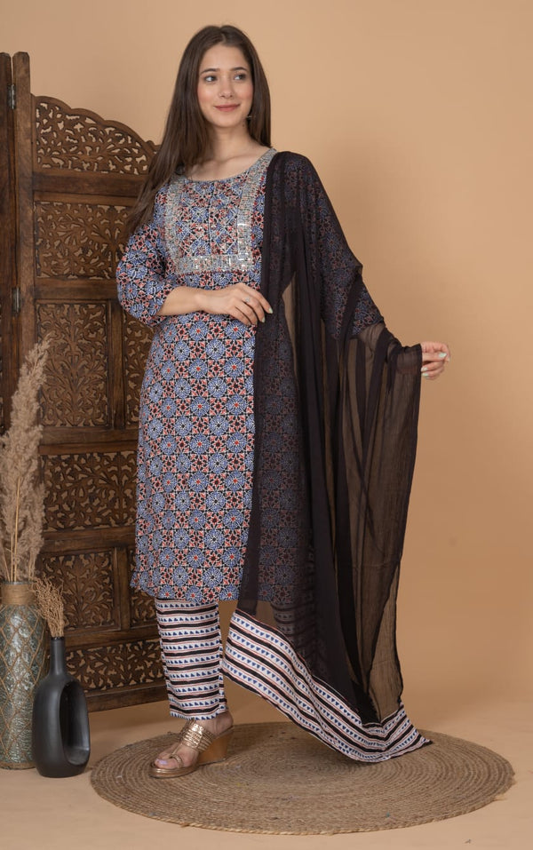 Printed Embroidery neckline Kurti With Pant & Dupatta