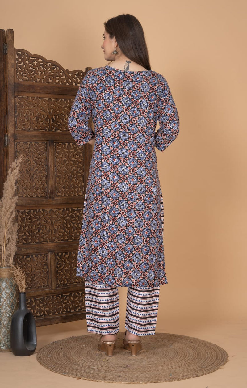 Printed Embroidery neckline Kurti With Pant & Dupatta