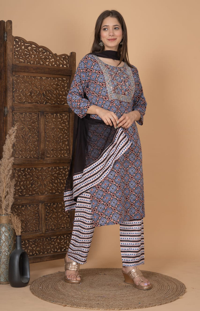 Printed Embroidery neckline Kurti With Pant & Dupatta