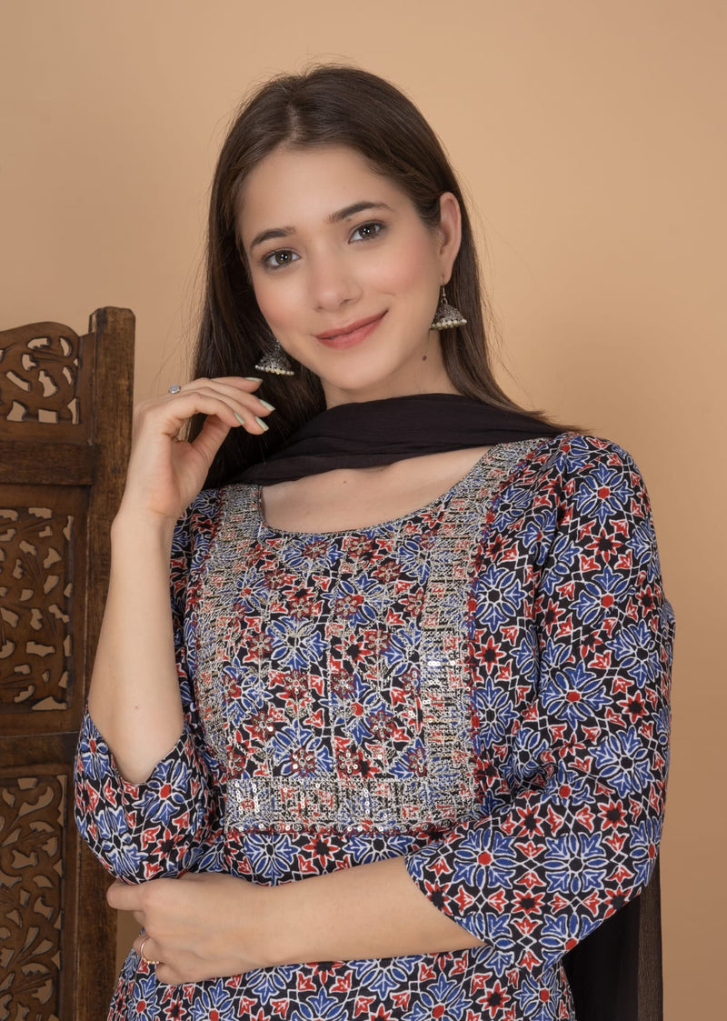 Printed Embroidery neckline Kurti With Pant & Dupatta