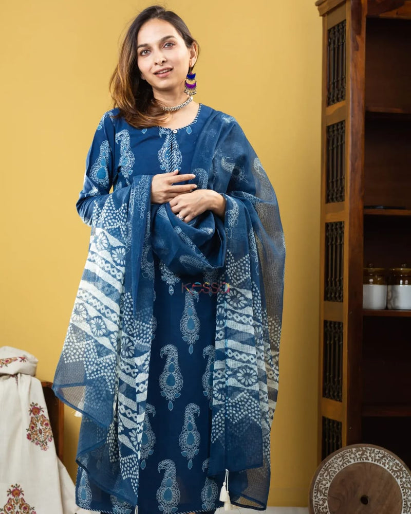 BLUE PROCEEN PRINT KURTIES WITH PLAZO AND DUPATTA