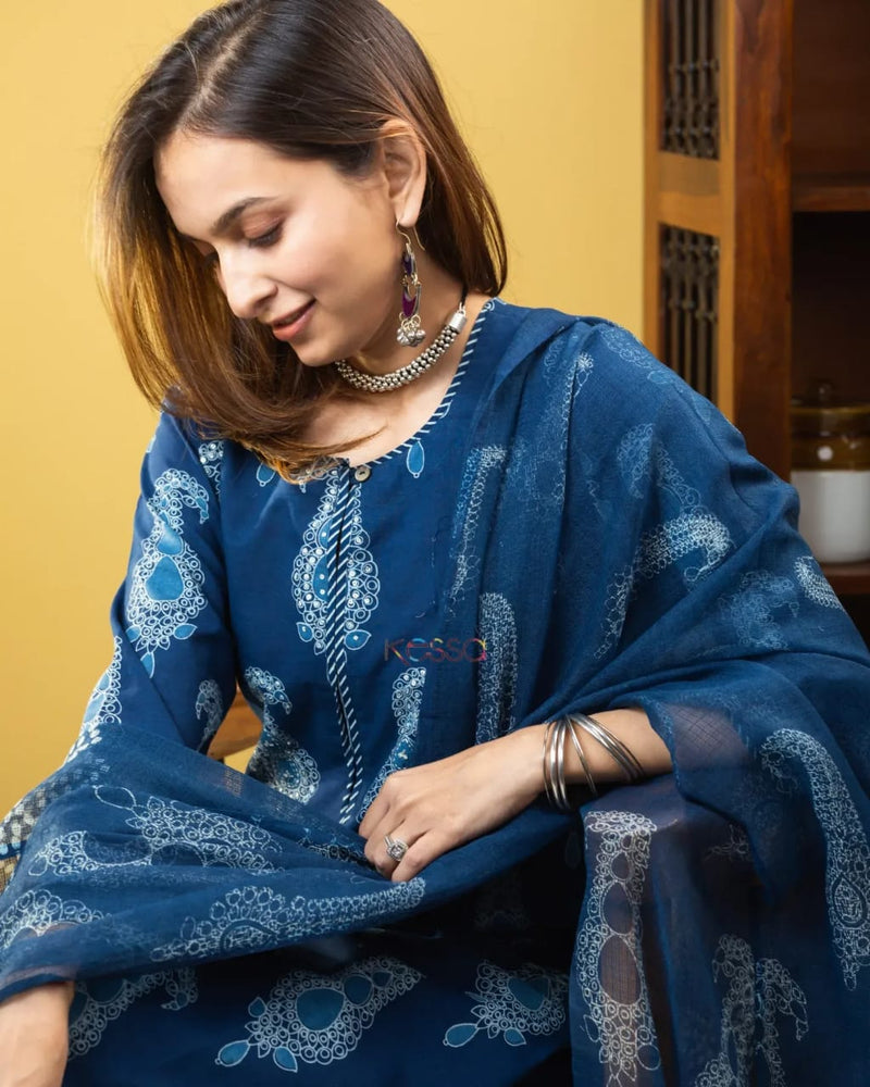 BLUE PROCEEN PRINT KURTIES WITH PLAZO AND DUPATTA