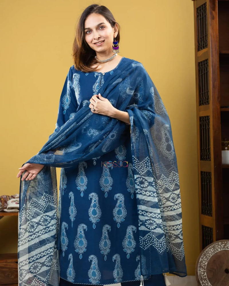 BLUE PROCEEN PRINT KURTIES WITH PLAZO AND DUPATTA