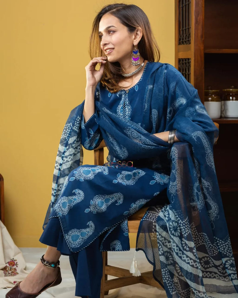 BLUE PROCEEN PRINT KURTIES WITH PLAZO AND DUPATTA