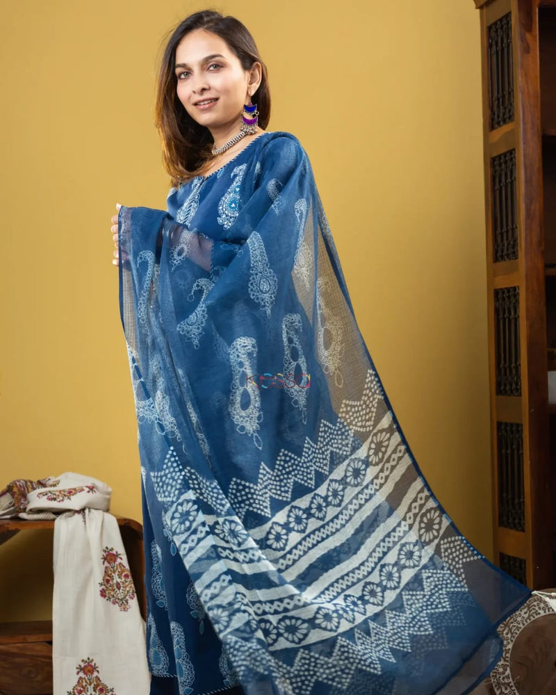 BLUE PROCEEN PRINT KURTIES WITH PLAZO AND DUPATTA