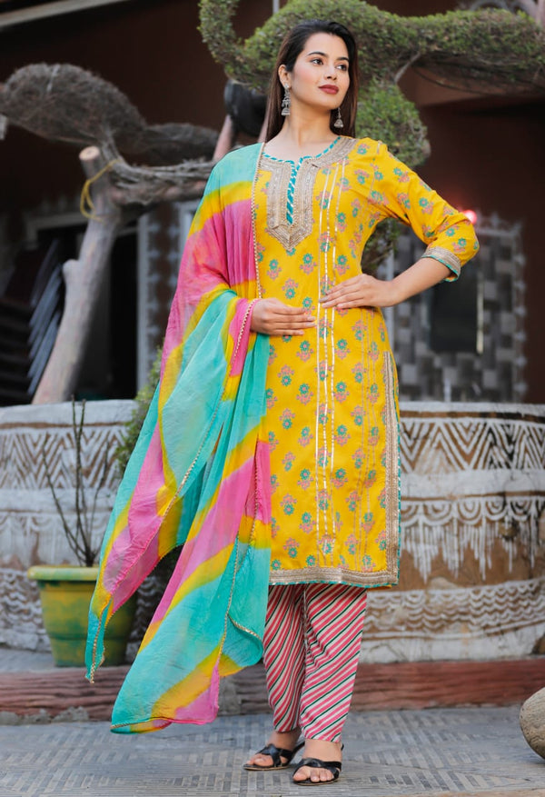 PREMIUM YELLOW  STRAIGHT KURTI PANT With LEHERIYA DUPATTA