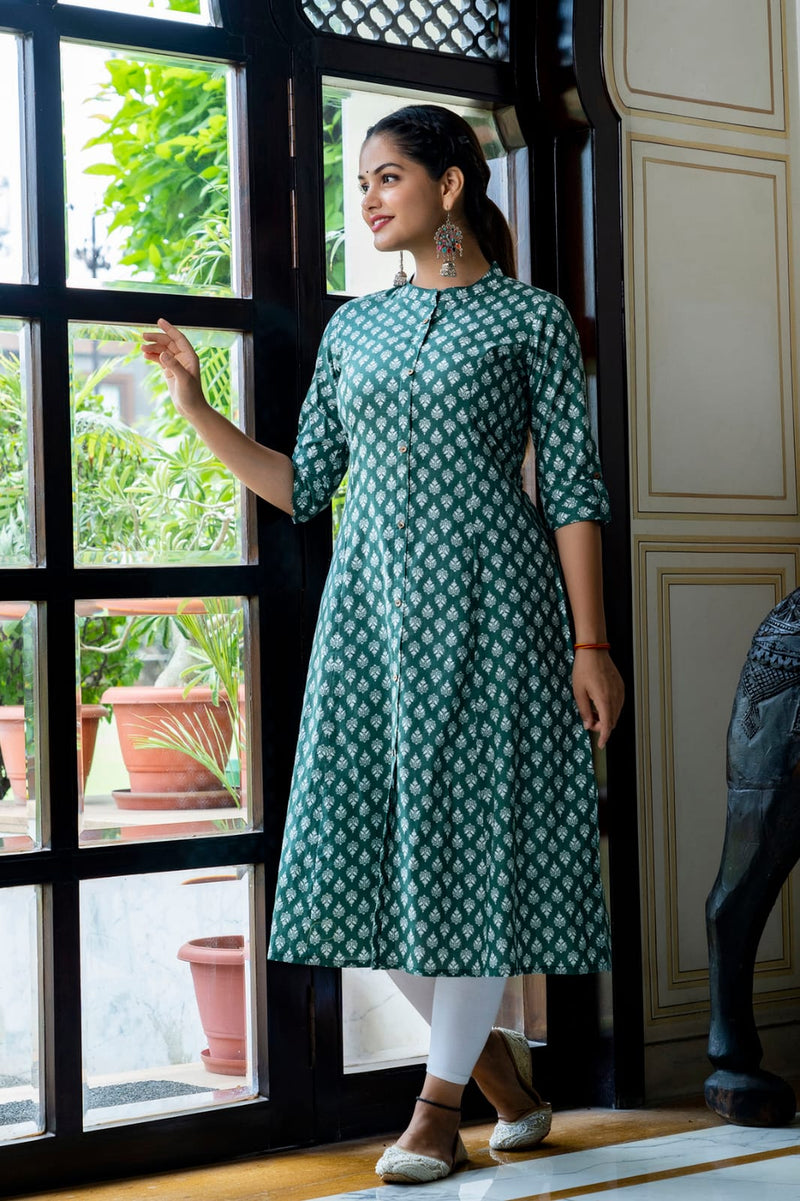 Dark Teal Green Color Printed Kurti