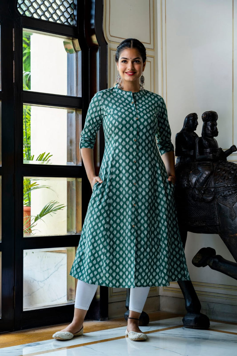 Dark Teal Green Color Printed Kurti