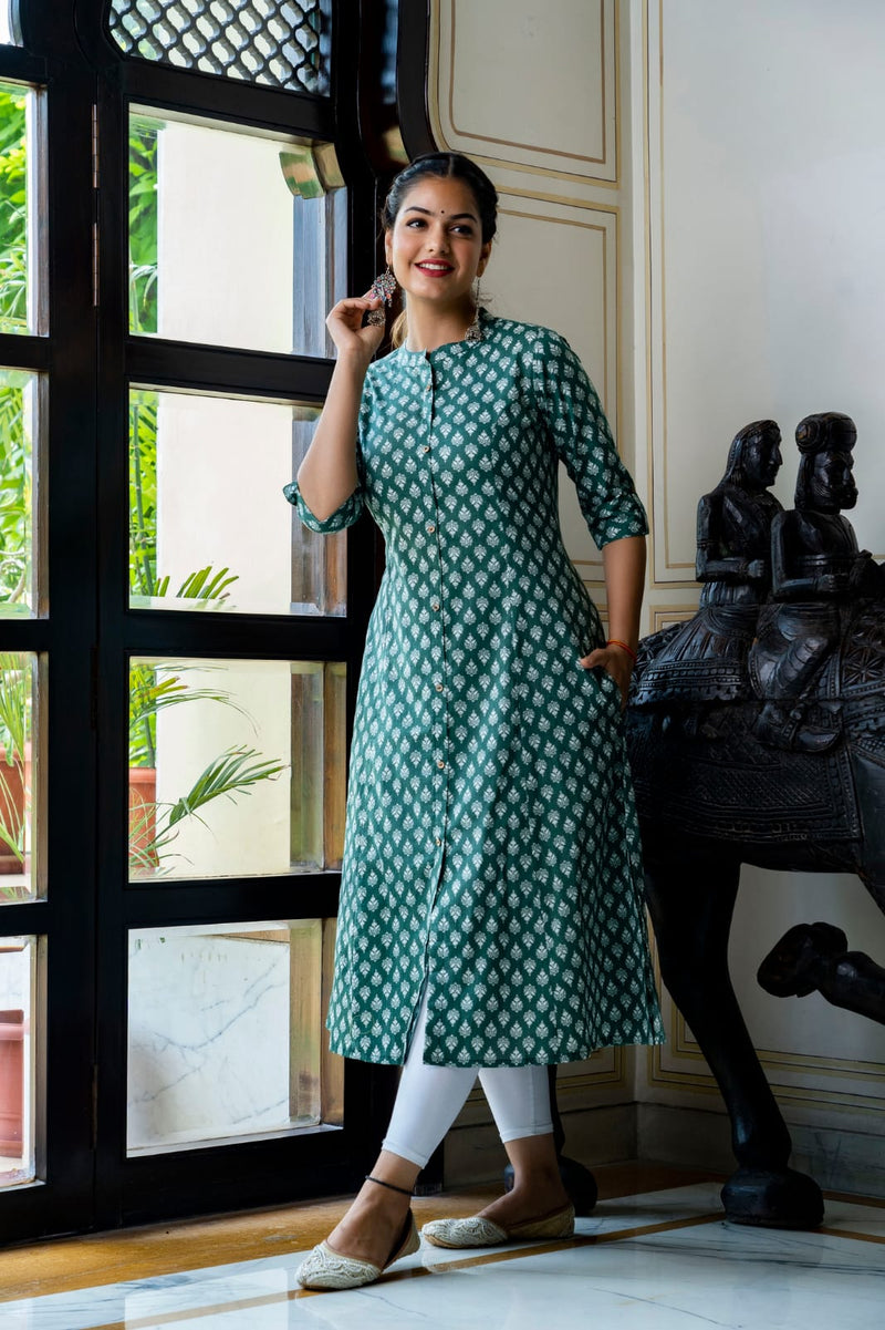 Dark Teal Green Color Printed Kurti