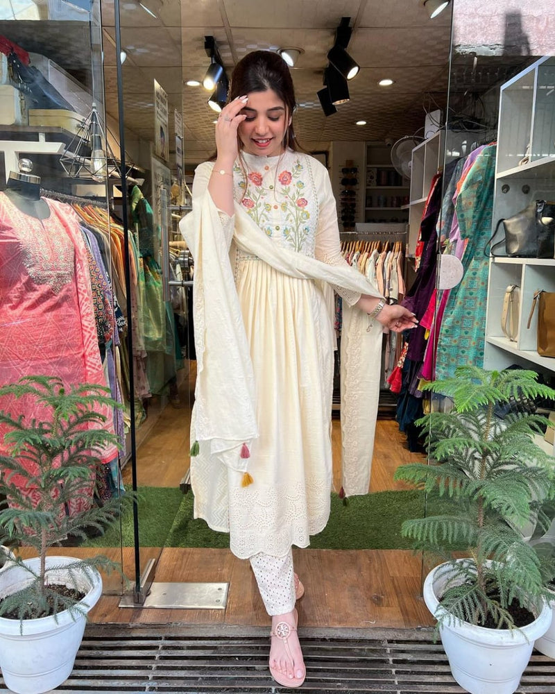 Off White Embroidery Suit With Dupatta