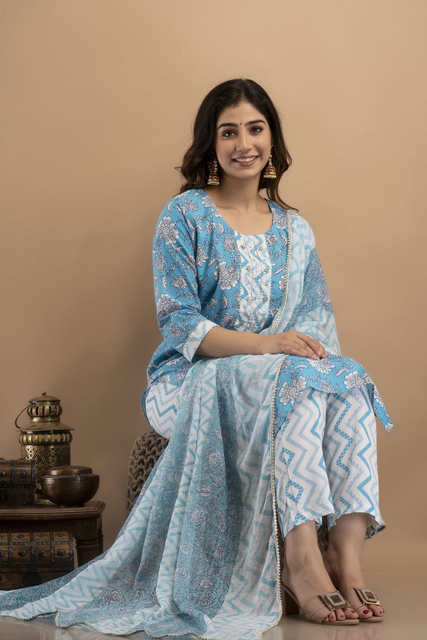 Maya Blue & White Suit with Dupatta