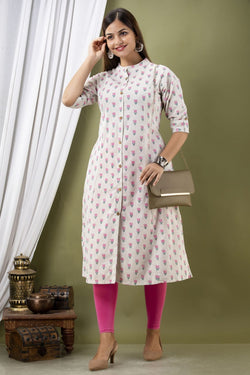 White & Cream Floral Pattern Kurti