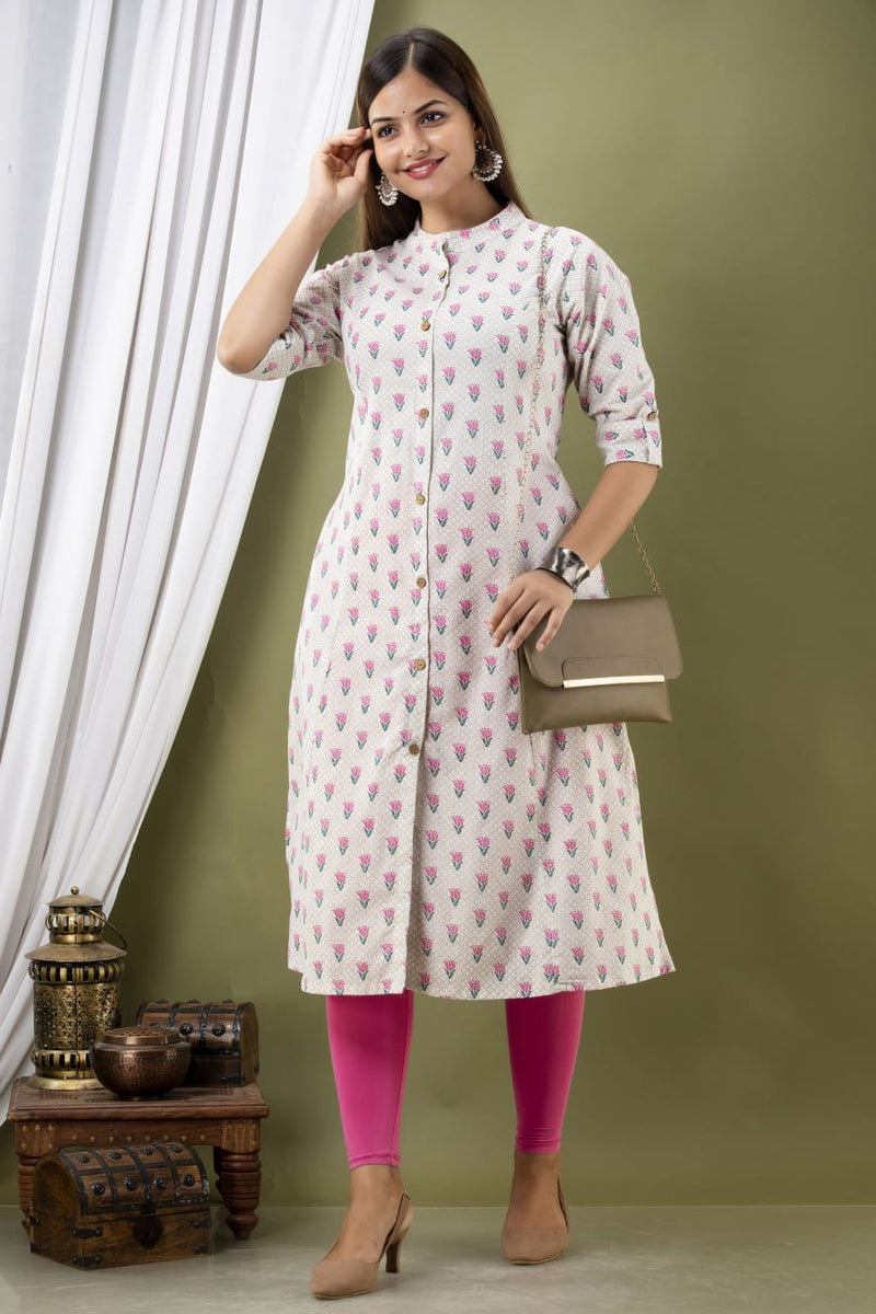 White & Cream Floral Pattern Kurti