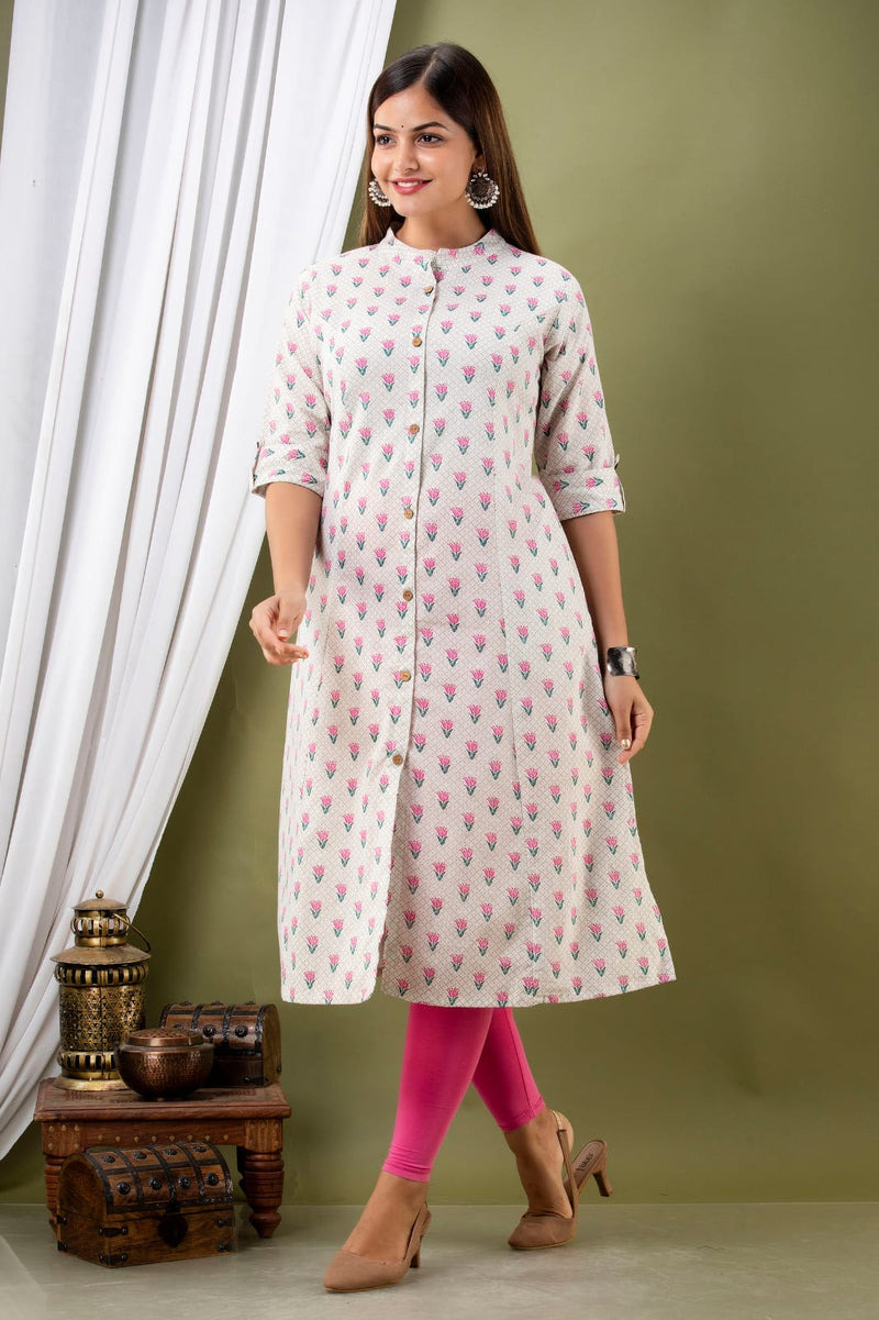 White & Cream Floral Pattern Kurti