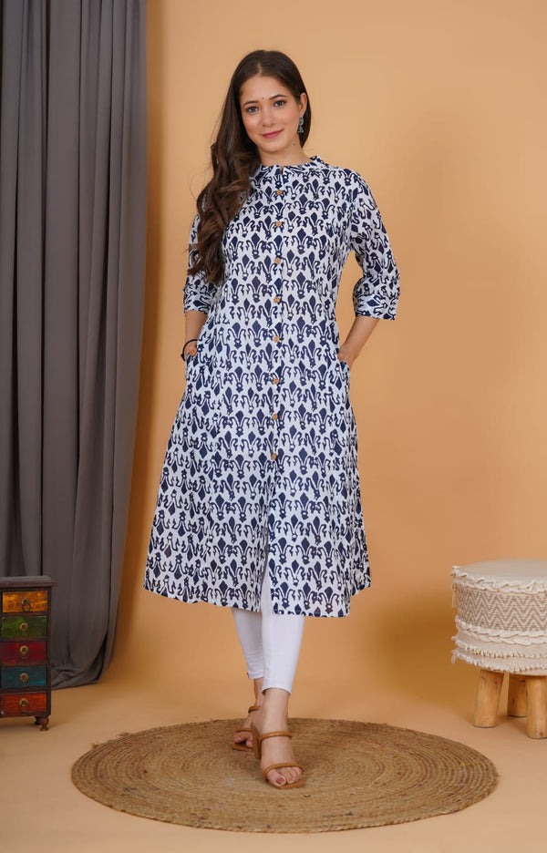 White & Blue Printed Kurti