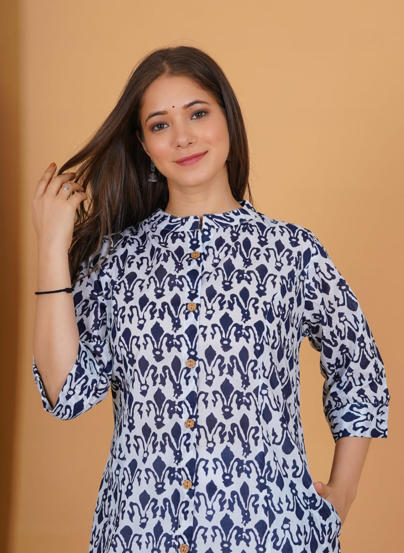 White & Blue Printed Kurti