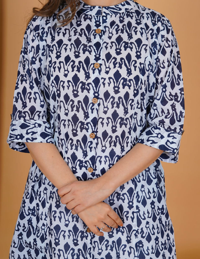 White & Blue Printed Kurti