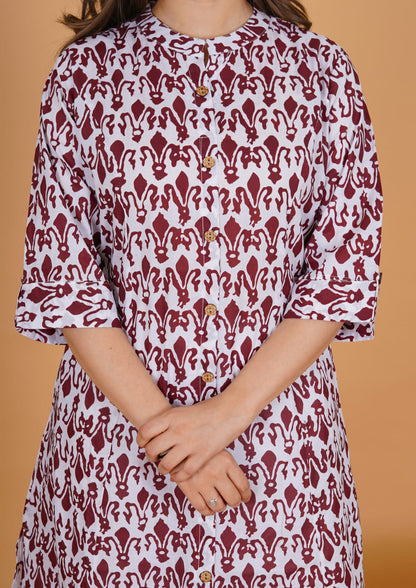 White & Maroon Printed Kurti