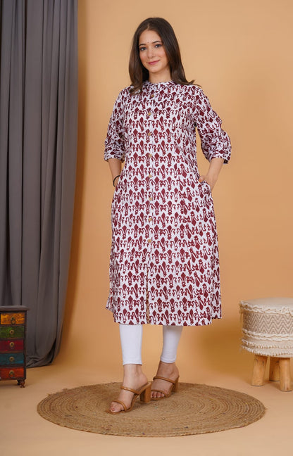 White & Maroon Printed Kurti