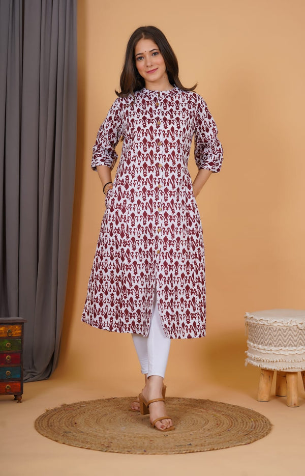 White & Maroon Printed Kurti