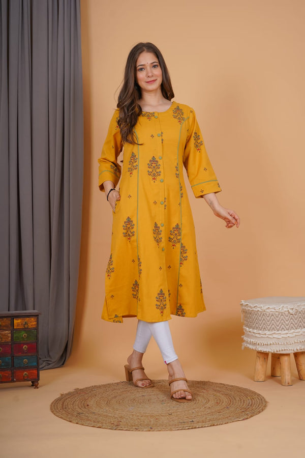 Mustard Yellow Printed Kurti