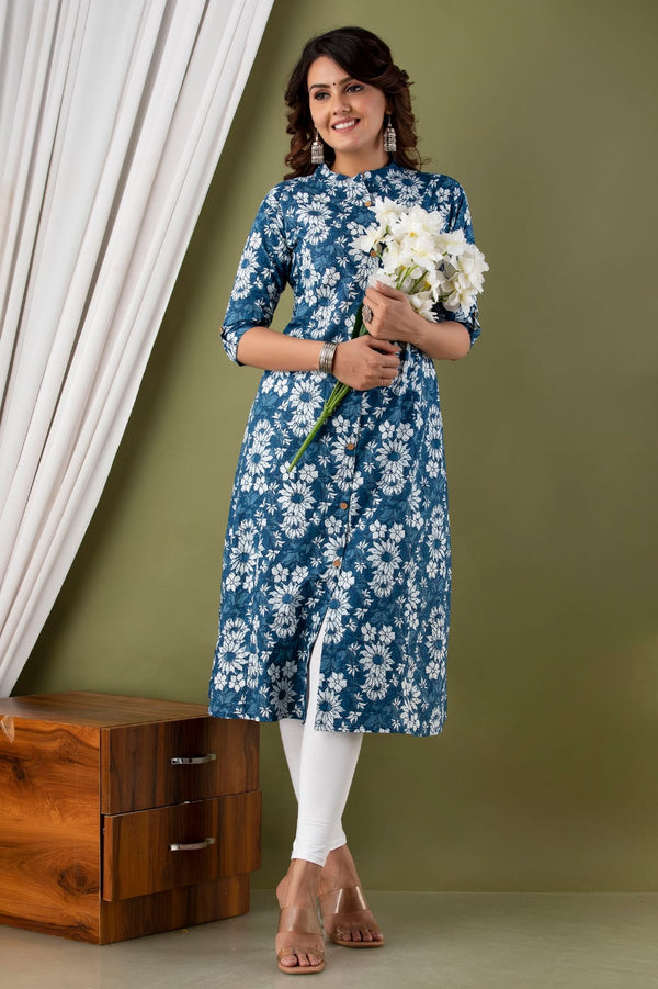 Blue & White Folwer Printed Kurti