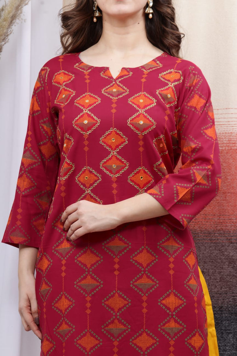 Maroon Red & Yellow Kurti Plazzo with Dupatta