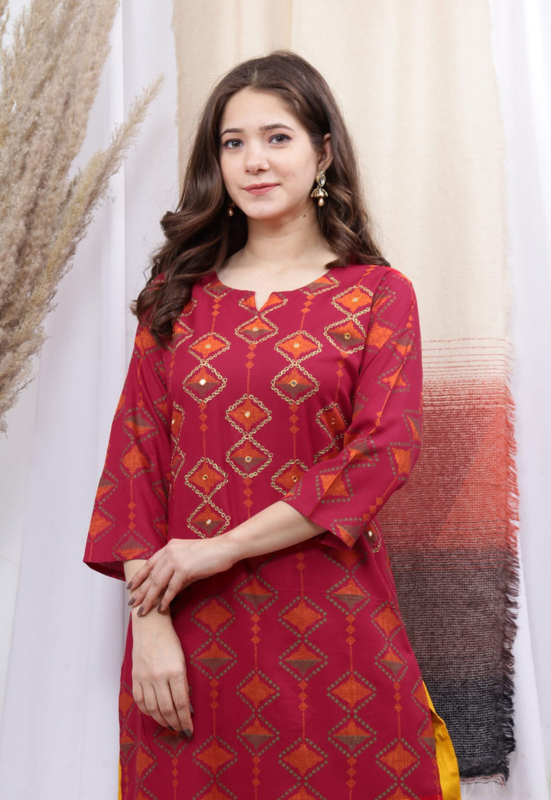 Maroon Red & Yellow Kurti Plazzo with Dupatta