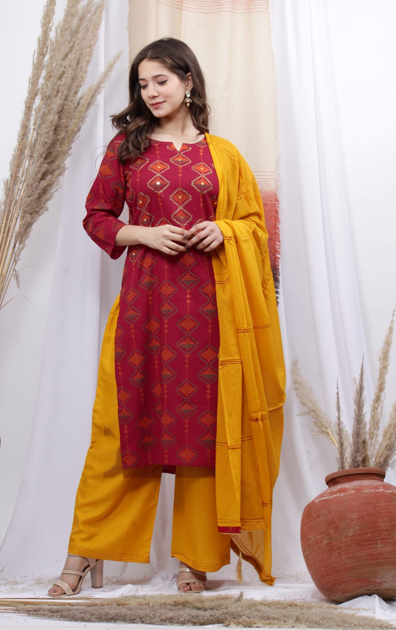 Maroon Red & Yellow Kurti Plazzo with Dupatta