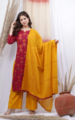 Maroon Red & Yellow Kurti Plazzo with Dupatta