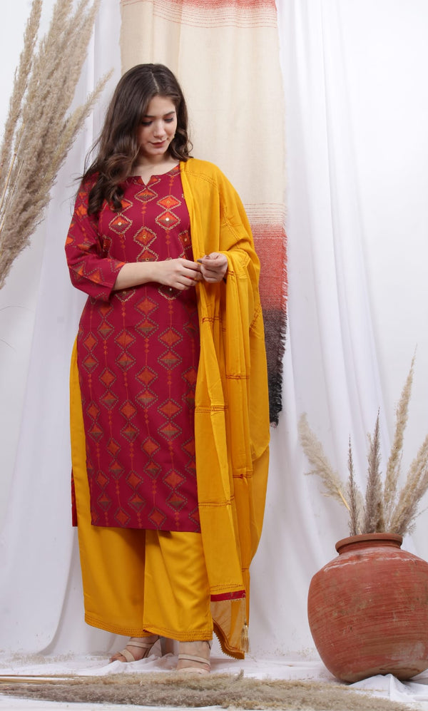 Maroon Red & Yellow Kurti Plazzo with Dupatta