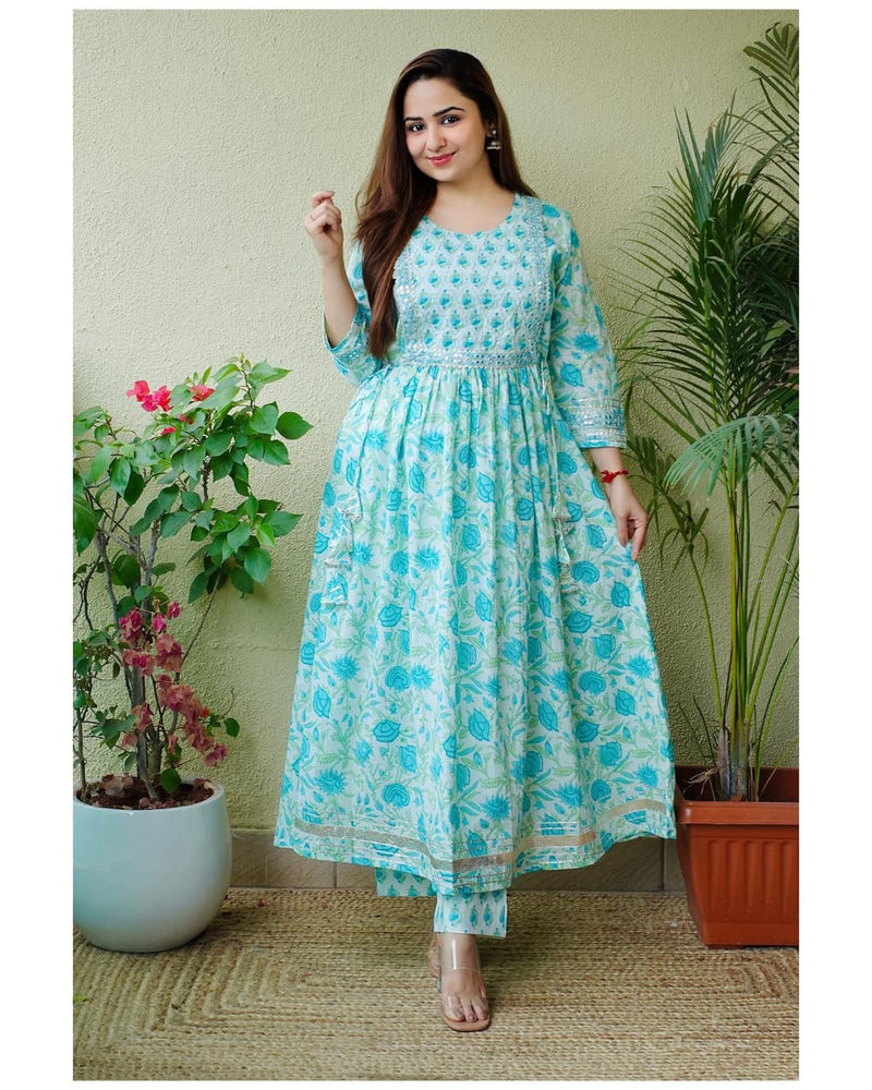 White & Blue Anarkali kurti with Pant