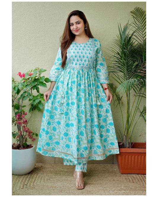 White & Blue Anarkali kurti with Pant