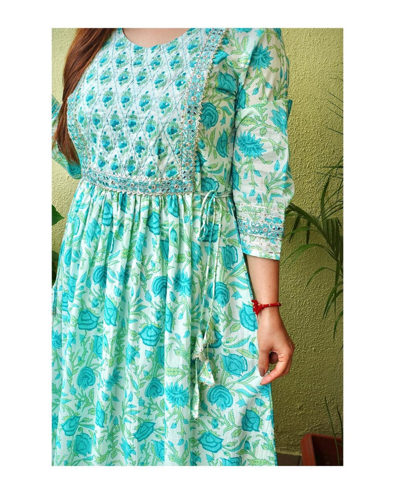 White & Blue Anarkali kurti with Pant