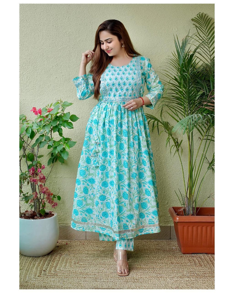 White & Blue Anarkali kurti with Pant