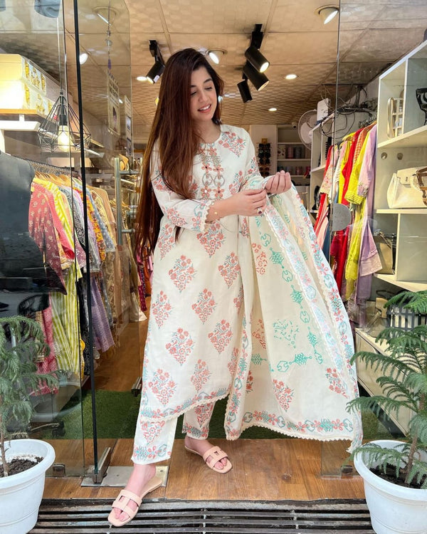 White Printed Suit With Dupatta