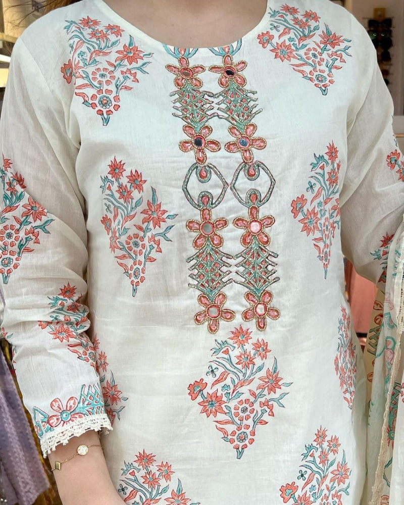 White Printed Suit With Dupatta