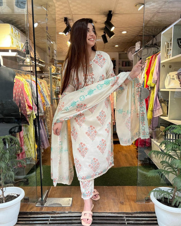 White Printed Suit With Dupatta