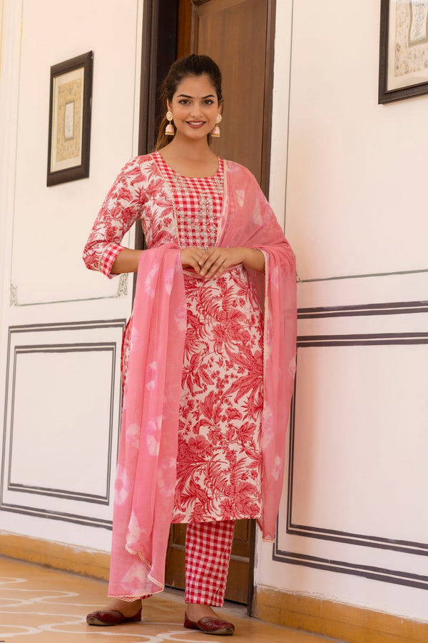 Pink & White Floral Suit With Duppata