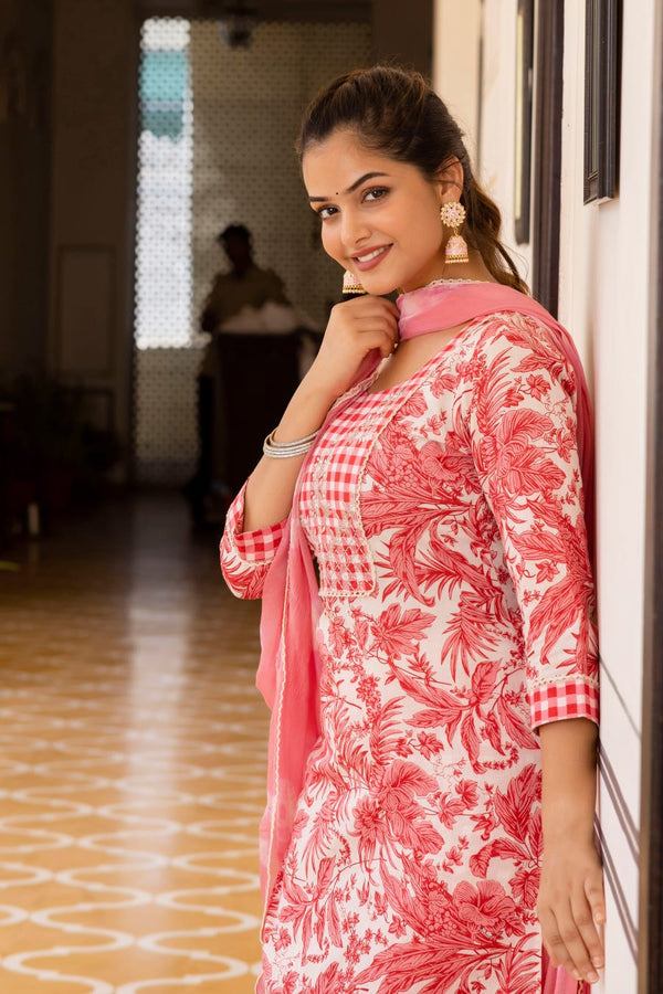 Pink & White Floral Suit With Duppata