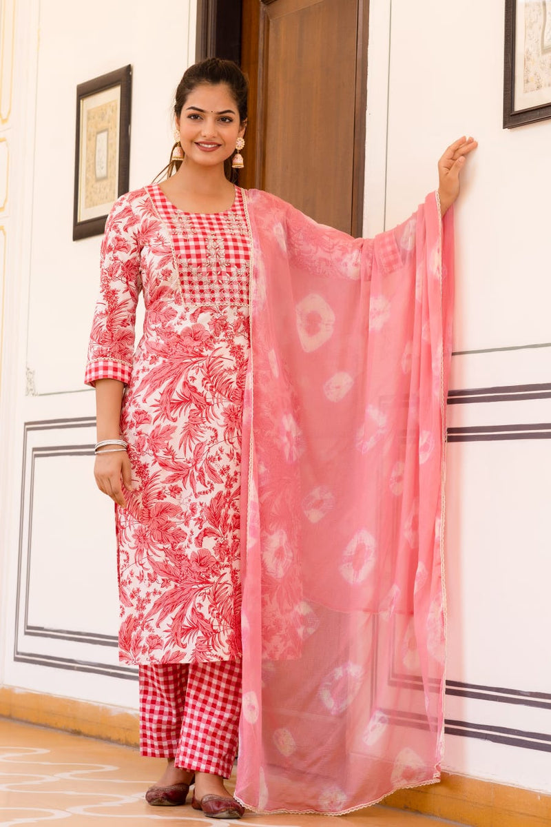 Pink & White Floral Suit With Duppata