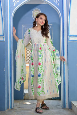 White Anarkali Floral Suit With Dupatta